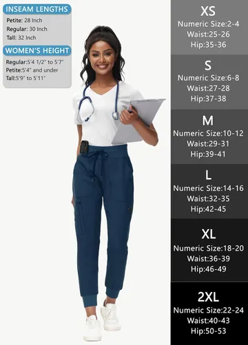 Vista 7 de Pantalones quirúrgicos de cintura alta para mujer, 8 bolsillos, ajustados, cintura cónica, puños acanalados en los tobillos