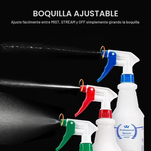 Vista 2 de Uineko Botella pulverizadora de plástico (paquete de 3, 24 onzas, 3 colores), resistente y multiusos, a prueba de fugas, botellas de agua de niebla