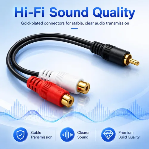 Vista 2 de Eanetf Cable divisor RCA de 1 macho a 2 hembras para altavoz de audio en Y, con conductor OFC, blindaje doble, carcasa de metal chapado en oro
