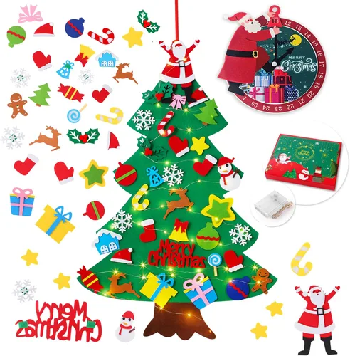 Vista 8 de YCoisini Árbol de Navidad de fieltro para niños pequeños, mi primer árbol de Navidad para niños de 0,9 m, 34 adornos para colgar en la pared