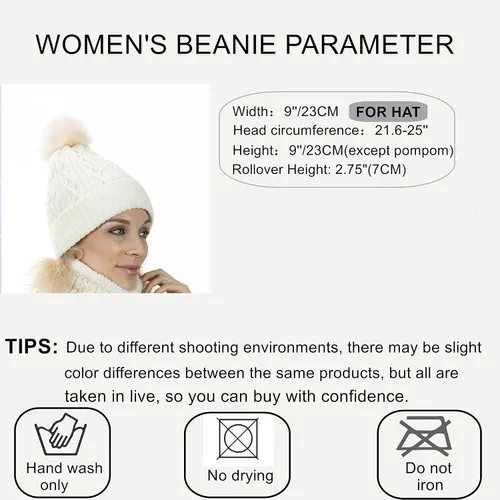 Vista 3 de Sombreros de invierno para mujer, gorro de punto con forro polar cálido, pompón de piel sintética extraíble