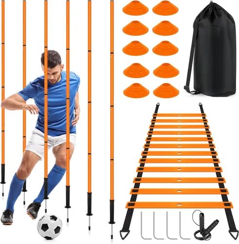 Vista 9 de Equipo de entrenamiento de agilidad de fútbol: 6 postes de agilidad de fútbol, escalera de agilidad de 20 pies, 10 conos de fútbol, 1 cuerda
