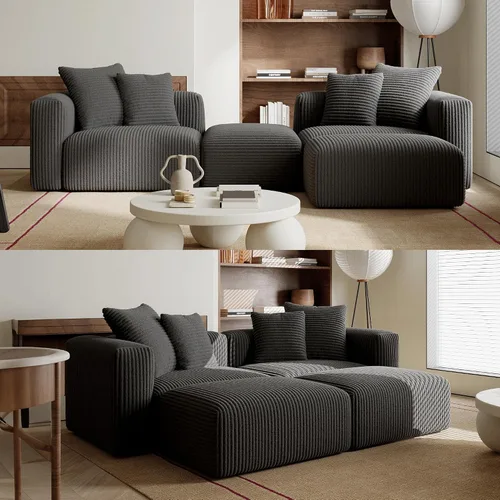 Vista 12 de Acanva - Sofá modular convertible con otomana, en forma de U, color negro Sofá de pana, marco de madera, combinación libre, sofá cama, para sala
