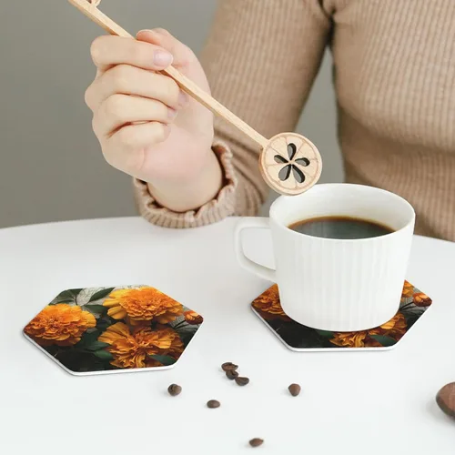 Vista 6 de 4Pcs Drink Coasters for Drinks Tabletop Protection, Marigold Leather Coaster for Kinds of Cups, Absorbent Cup Coaster for Coffee Table Home Decor 4