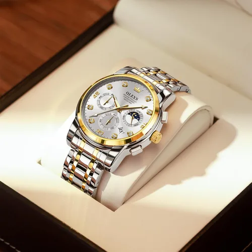 Vista 4 de OLEVS Reloj cronógrafo para hombre, esfera grande, multifuncional, fácil de leer, de acero inoxidable, analógico, de cuarzo, con fecha, de lujo