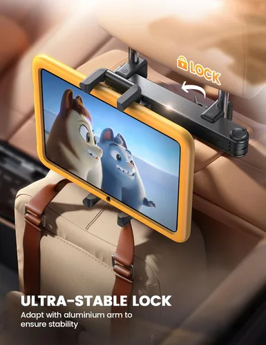 Vista 4 de Aomiker Soporte para iPad para reposacabezas de automóvil, brazo con bloqueo de aluminio, soporte universal para tablet con clip ancho plegable