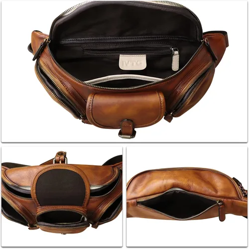 Vista 7 de Riñonera de cuero genuino para hombres y mujeres, bolso bandolera de cuero real, bolso cruzado de moda, bolso de cintura de moda, Marrón, Riñonera