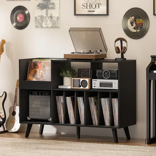 Vista 5 de LELELINKY Soporte grande para tocadiscos, soporte para tocadiscos de 48 pulgadas con almacenamiento, soporte para discos de vinilo con área