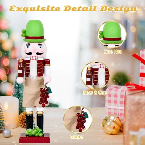 Vista 5 de Chef Bartender Cascanueces Decoraciones Navideñas - Figuras de Madera Hechas a Mano de 15 Pulgadas con Botella de Cerveza Copa de Vino Uva Temática
