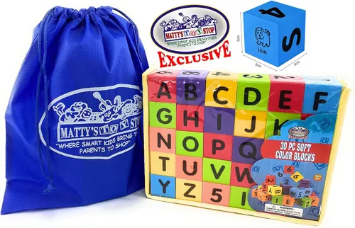 Vista 5 de Matty's Toy Stop Bloques de construcción coloridos de espuma EVA de lujo de 2 pulgadas (30 piezas) con Abc, números e imágenes con bolsa