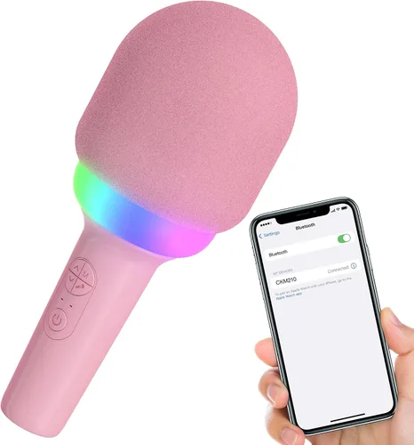 Vista 8 de Coby Micrófono LED para karaoke, micrófono inalámbrico con 5 modos de luz y 4 modos de cambio de voz, altavoz Bluetooth compatible con smartphone