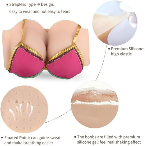 Vista 2 de Breast Plate Crossdressers Strapless Silicone Filled Fake Breast Boobs A-H Cup for Cosplay Transgender (Bronze, H cup M size silicone gel filler)