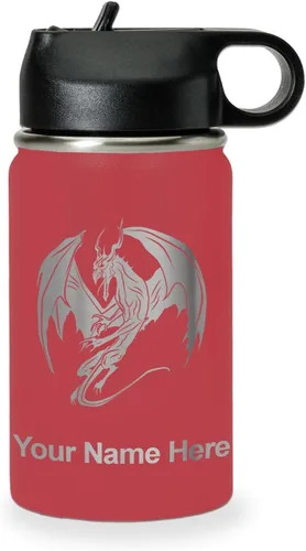 Vista 27 de LaserGram Botella de agua con tapa abatible de doble pared de 12 onzas con pajilla, dragón, grabado personalizado incluido (negro)