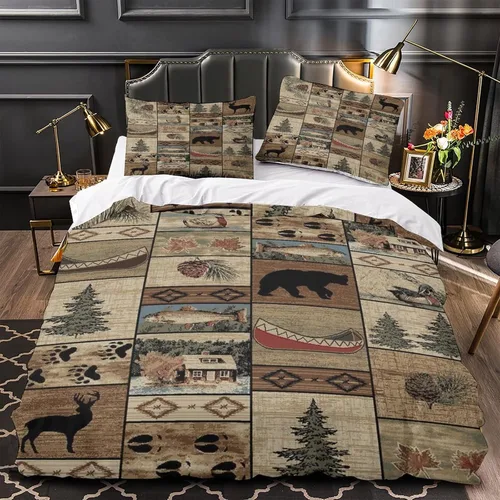 Vista 3 de Juego de ropa de cama de 3 piezas de 3 piezas con parche de vida silvestre, juego de edredón reversible de campamento rústico con fundas de almohada