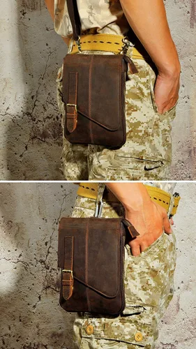 Vista 7 de Le'aokuu Riñonera pequeña de cuero genuino para hombre, bolsa de hombro para teléfono, cinturón y cintura, café Oscuro Grande