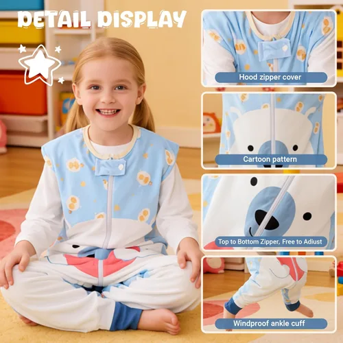 Vista 3 de MICHLEY - Saco de dormir para niños pequeños con pies, recién nacidos, bebés sin mangas, saco de dormir con cremallera de 2 vías, manta portátil Oso