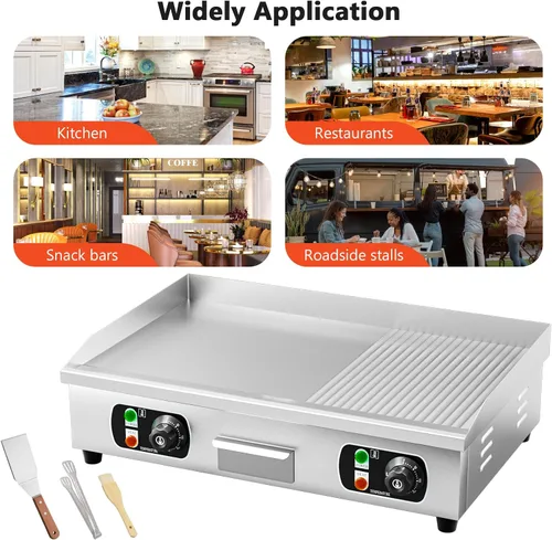 Vista 7 de Plancha eléctrica comercial de 29 pulgadas, parrilla de 110 V 3000 W, parrilla de placa caliente de parrilla plana, control termostático ajustable