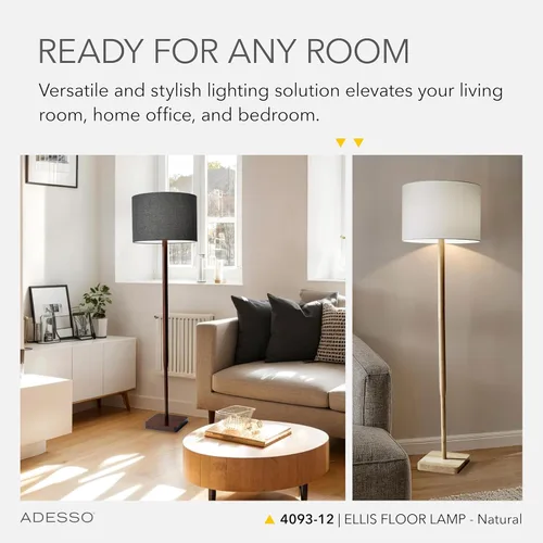 Vista 3 de Adesso Lámpara de pie con base de madera de caucho natural y pantalla de lino blanco, brillo ajustable de 3 vías, lámpara para dormitorio, sala