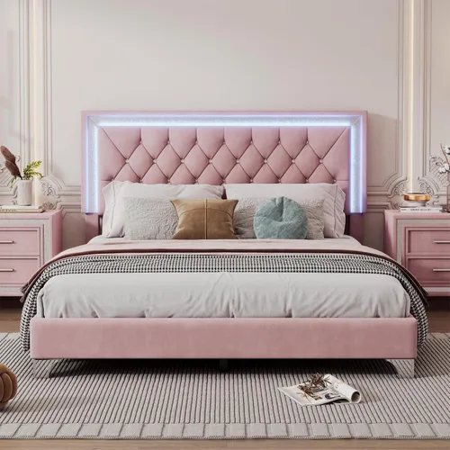 Vista 3 de Cama de plataforma tapizada moderna de tamaño Queen con luces LED, marco de cama de terciopelo rosa con cabecera capitonada de cristal, cama