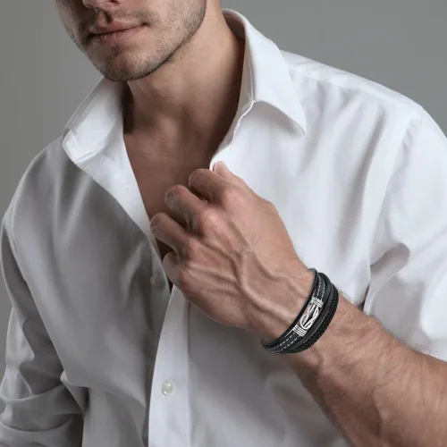 Vista 4 de Pulsera de cuero con nudo para hombre, estilo vintage, elegante, acero inoxidable 316L, infinito, joyería elegante y genial para hombres, padre