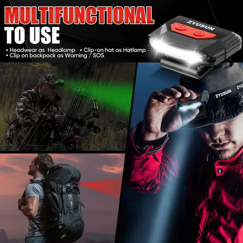 Vista 2 de Juego de 2 linternas recargables para gorra, lámparas portátiles, con clip para sombrero con sensor de movimiento, ligeras, resistentes al agua