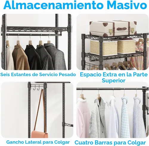 Vista 7 de Homdox Perchero resistente con varillas extensibles para colgar, perchero de metal ajustable para colgar ropa, armario independiente con estantes