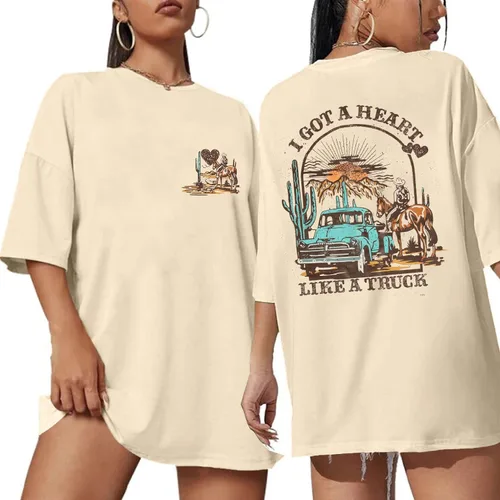 Vista 4 de Camiseta con texto en inglés "I Got A Heart Like A Truck" para mujer, camisetas de música country de Nashville, traje de concierto Western Sunset