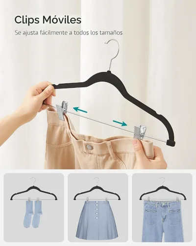 Vista 3 de SONGMICS Paquete de 20 perchas para pantalones, perchas de terciopelo de 16.7 pulgadas de largo con clips ajustables, perchas resistentes