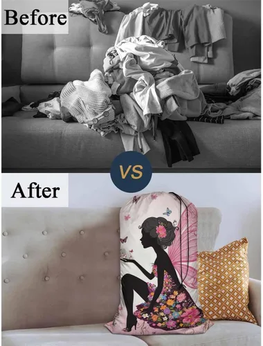 Vista 5 de Swono Bolsa de lavandería extra resistente, diseño de hada de mariposa, diseño de flores de caricaturas, extra resistente, bolsa de ropa sucia