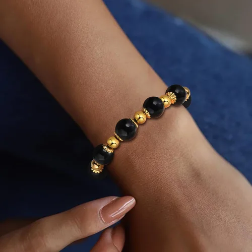 Vista 5 de MengPa Pulseras de cuentas de oro, pulsera de bolas de cuentas de piedra, joyería para mujer