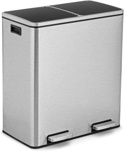 Vista 10 de Goplus Basurero doble de 60 litros (2 x 30 L)/16 galones de acero inoxidable, cubo de basura rectangular con cubos interiores y tapas con bisagras