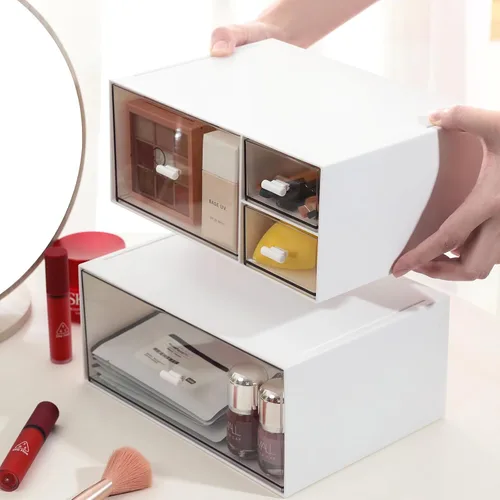 Vista 2 de MILULUGO Organizador de escritorio con 4 cajones, organizador de maquillaje, caja de almacenamiento de escritorio, caja de almacenamiento