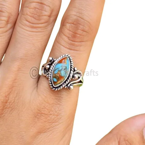Vista 2 de Dainty Rings Silver, Mojave Copper Oyster Turquoise Ring, Marquise Turquoise Ring, 925 Solid Silver Ring, Minimalist Ring, Ring For Women, Handmade