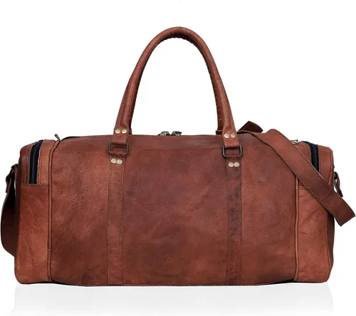 Vista 8 de Bolsa de lona de cuero genuino de 22 y 24 pulgadas Bolsa de cuero para viajes durante la noche Bolsa de deporte para gimnasio para hombres