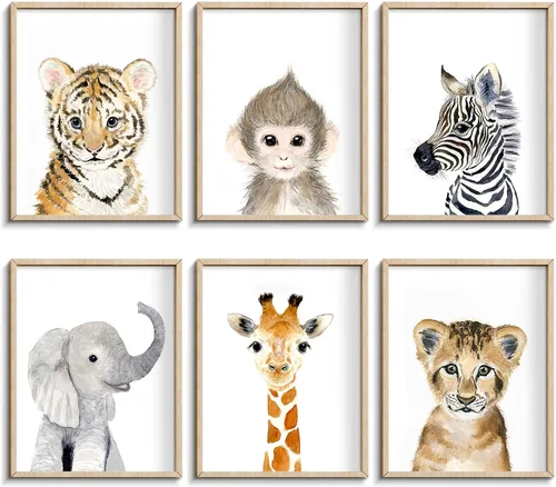 Vista 11 de calmart Arte de la pared: 6 Decoración para colgar en la pared de animales de la selva sin marco para la habitación de los niños, guardería, fiesta