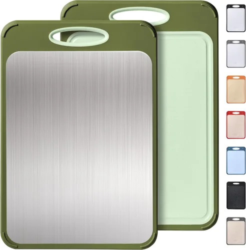 Vista 17 de Tabla de cortar de acero inoxidable 2 en 1 con mango para cortar las mejores tablas de cortar no tóxicas Tablas de cortar de 2 caras para cocina