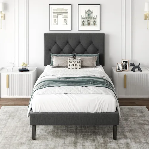 Vista 13 de CXVX Marco de cama de tamaño matrimonial con estructura de plataforma y cabecera tapizada, diseño con botones, listones de madera resistentes,