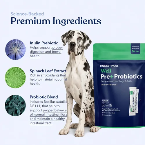 Vista 4 de Honest Paws - Probióticos para Perros - Polvo de Apoyo Digestivo e Inmunológico con Prebiótico Hecho en EE. UU., Sabor a Pollo (30 Sticks)