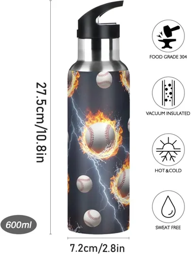 Vista 9 de Insulated Water Bottle 32 Oz, Leakproof Water Bottles for Gym Outdoor Travel School, Baseballs Splashes Water Flames
