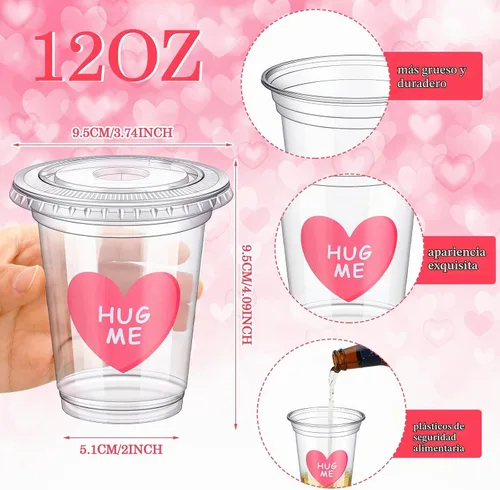 Vista 2 de Eaasty Juego de 20 vasos de plástico para el día de San Valentín con tapa y pajitas, 12 onzas, con corazón, desechables, con calcomanía, suministros