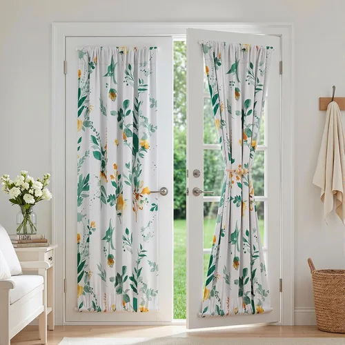 Vista 22 de MYSKY HOME Cortinas florales para puerta francesa de 40 pulgadas de largo, juego de 2 cortinas opacas de privacidad con bolsillo para barra A-verde