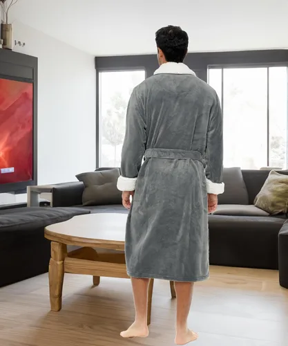 Vista 3 de Alexander Del Rossa Bata de felpa Sherpa para hombre, bata de baño cálida con bolsillos
