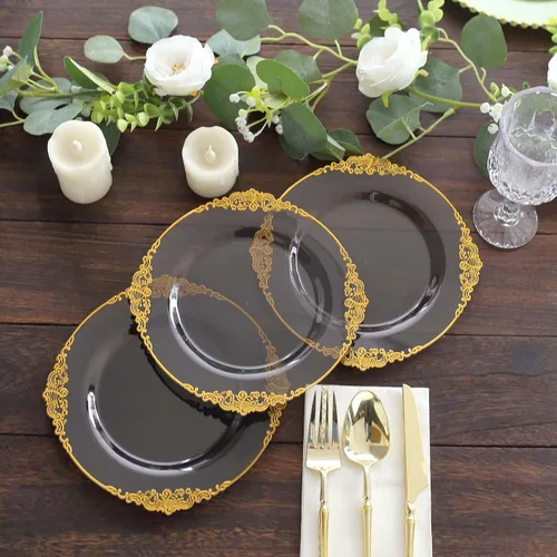Vista 15 de Efavormart - Paquete de 10 platos de postre barrocos negros y dorados de 8 pulgadas, platos de aperitivo resistentes con borde metálico en relieve