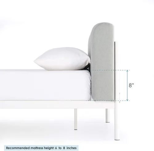 Vista 2 de Mellow BREE - Cama de plataforma de metal con cabecera curvada y tapizada, listones de acero, fácil montaje, gris cielo, tamaño matrimonial
