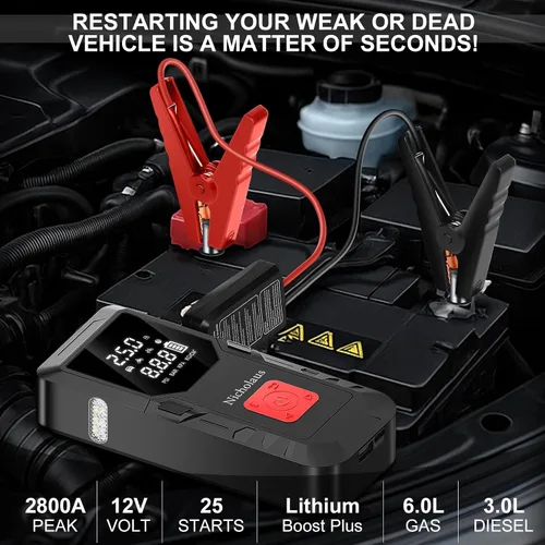 Vista 2 de Arrancador de batería de coche de 12 V, 8000 mAh, 2800 A con compresor de aire de 150 PSI, edición compacta y práctica QB08L, caja de arranque