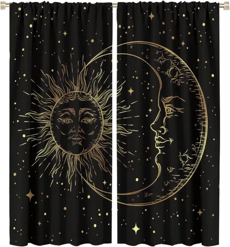 Vista 70 de Cortinas opacas con diseño de sol y luna, cuerpos celestes bohemios, con diseño de sol, luna y estrellas, para sala de estar, dormitorio, 42 x 45