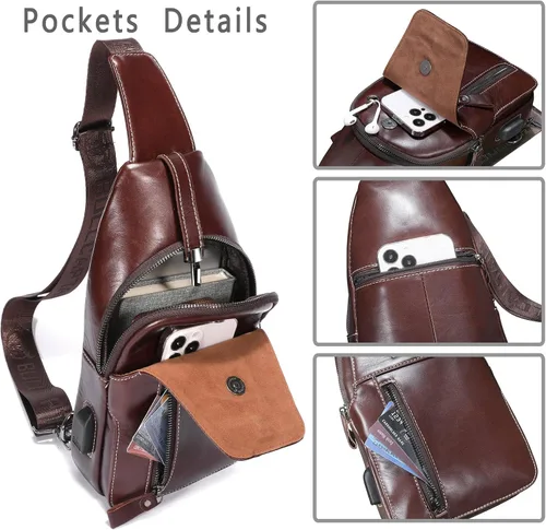 Vista 3 de BULLCAPTAIN Bolso bandolera de cuero genuino para hombre, mochila cruzada para senderismo, casual, bolsa de hombro con puerto de carga USB