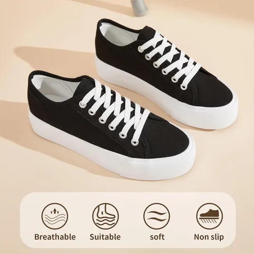 Vista 5 de Waluzs Zapatillas de plataforma para mujer, zapatos de plataforma baja con cordones, zapatos de lona para mujer, zapatos de tenis blancos