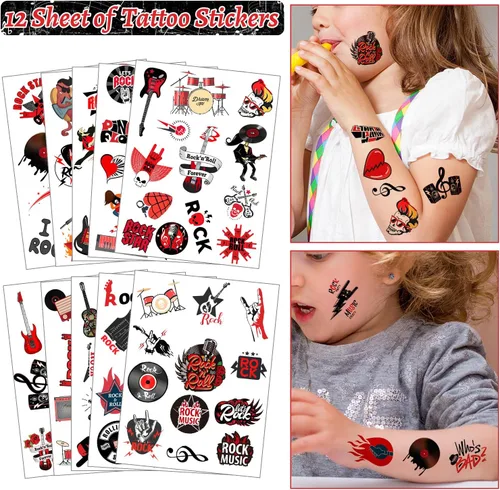 Vista 5 de Recuerdos de fiesta de Rock and Roll, decoraciones de suministros de estrella de rock incluye 12 llaveros, 12 insignias, 12 pulseras, 12 bolsas, 12