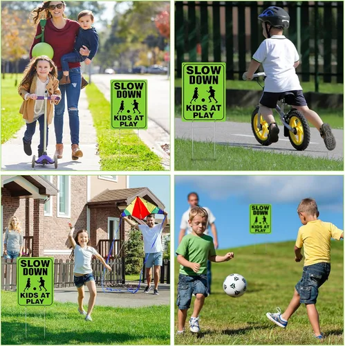 Vista 7 de Zonon 4 juegos de señales de seguridad para niños en juego con alambre de metal en H, tornillos reflectantes, impermeables, precaución para niños